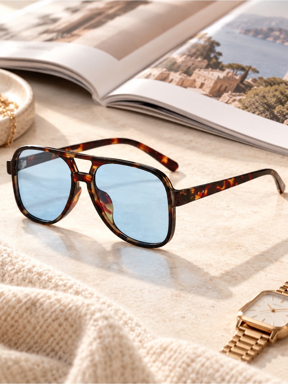 Tortoiseshell Aviator Sunglasses Blue Tinted Lenses